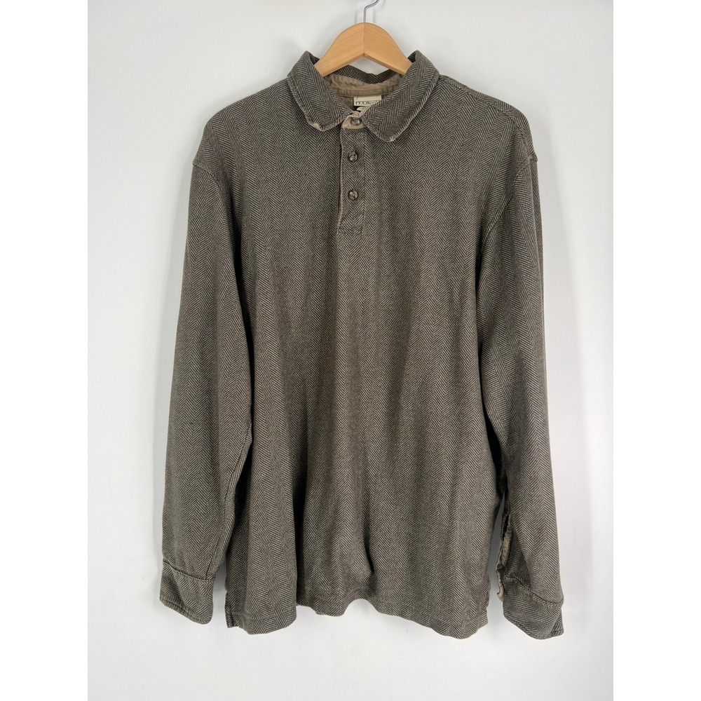 Vintage L.L. Bean Men XL Regular Herringbone Long Sleeve Polo Shirt Brown Cotton